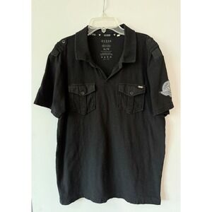 GUESS Mens XL/TG Black Short Sleeve Polo Shirt Military inspired Patch Y2K Retro